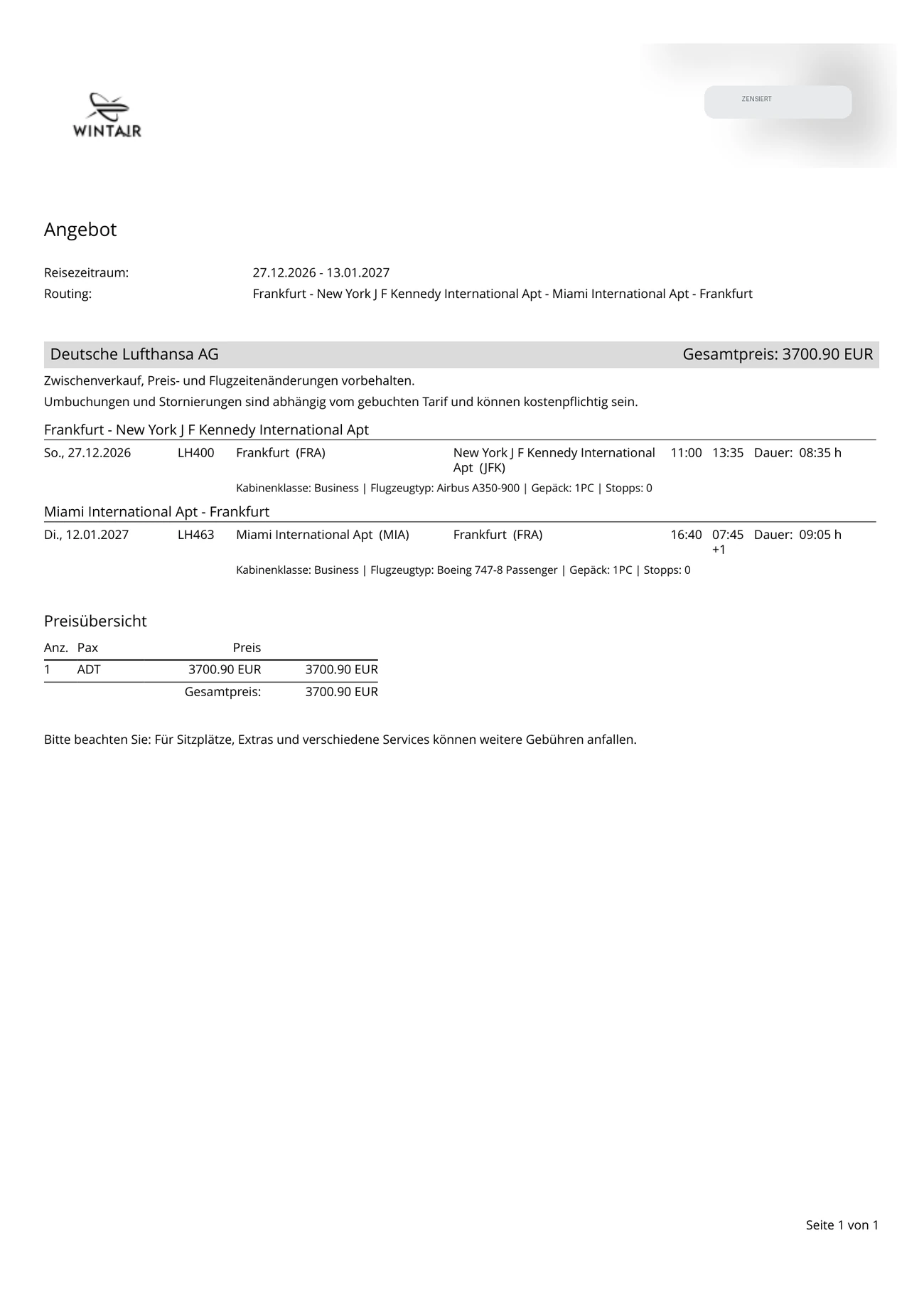 Wintair Angebot – Originaldokument
