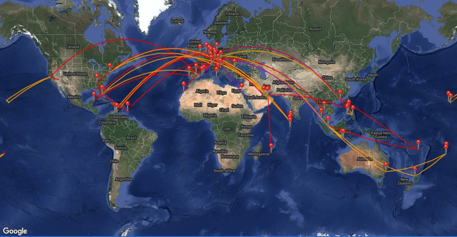 Renés Flightradar24 Karte mit seinen Flugstrecken